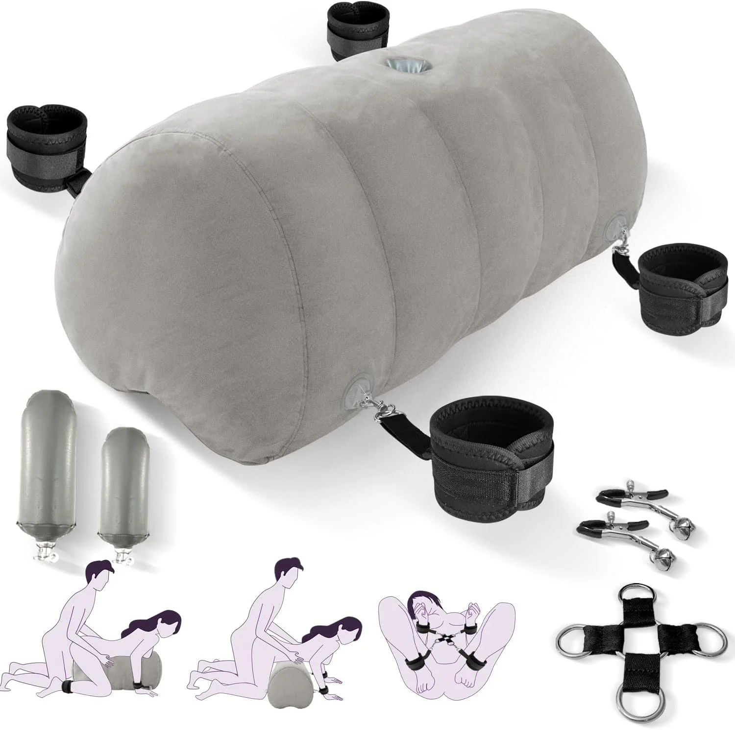 Heart-Shaped Inflatable Bondage Pillow | Toy Mount Cushion with Cuffs, Straps & Clamps | Bedroom Wedge Kit for Couples - Image 3