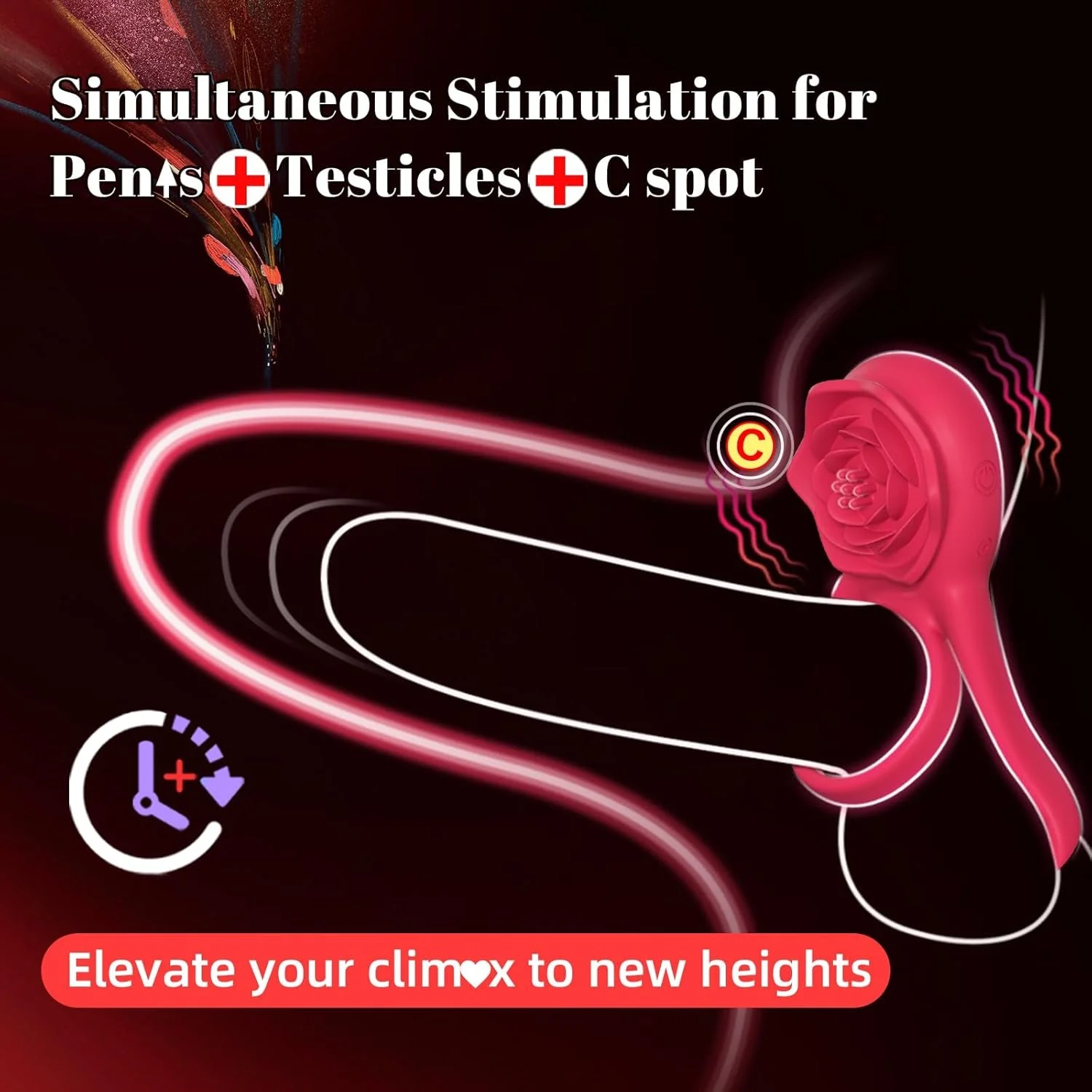 PetalLock Vibrating Cock Ring Rose Red Clitoral Stim 7 Modes - Image 2