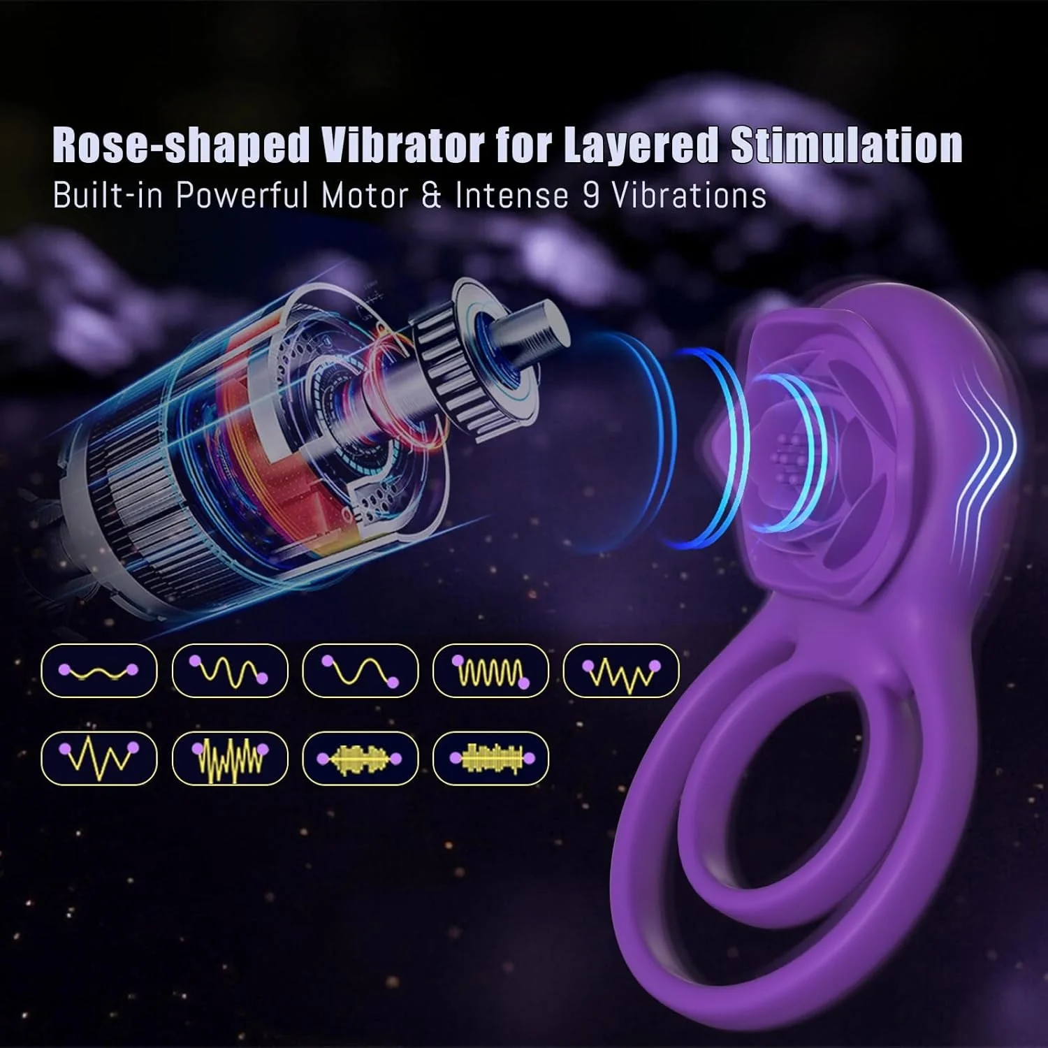 RoseBind Vibrating Dual Cock Ring Rose Clitoral 7 Modes - Image 3