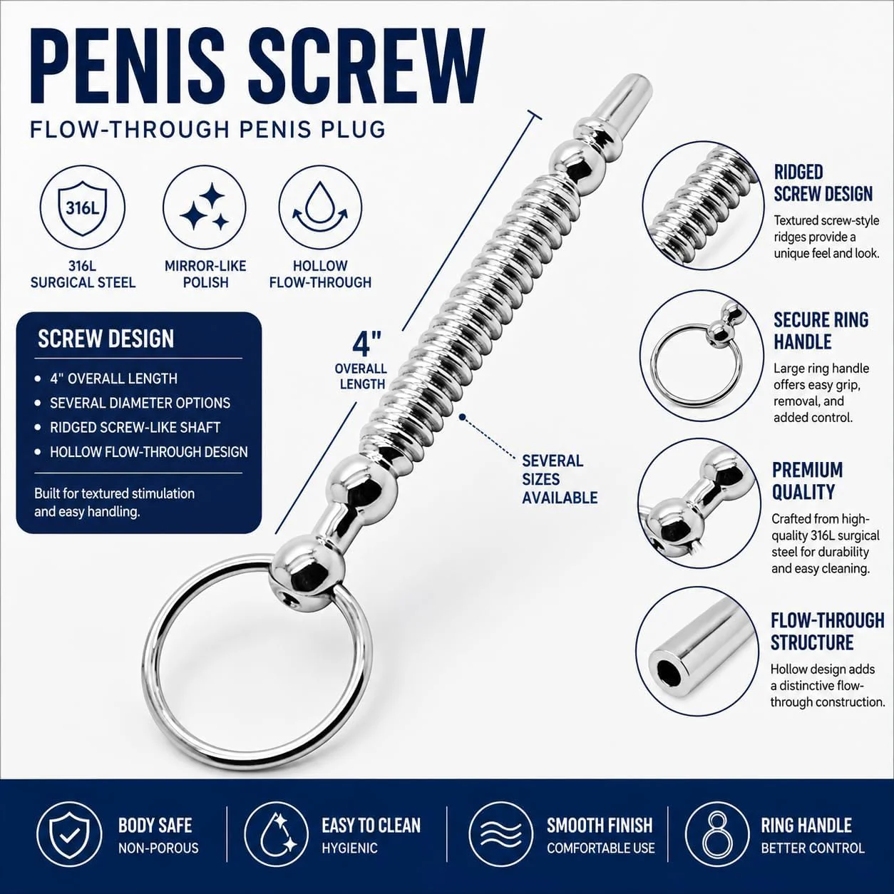 SteelFlow Hollow Ribbed Surgical Steel Urethral Plug - Image 3